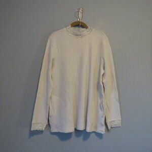 LOGO Lori Goldstein Cream Waffle Knit Lace Trim Mockneck Top Pockets Sz L